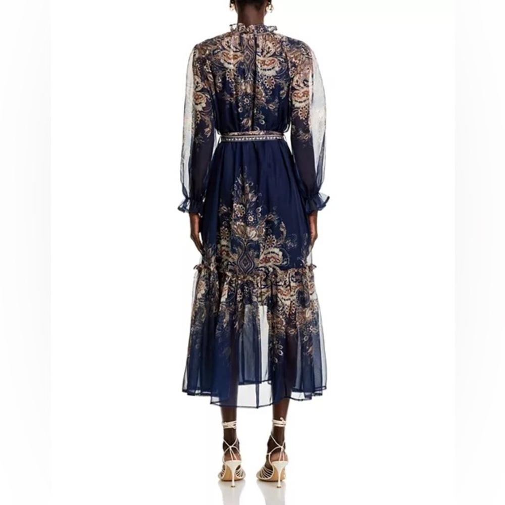 Nancy Yang Navy Floral Print Sheer Maxi Dress Ruffle Neck Size L NWT - Picture 3 of 8